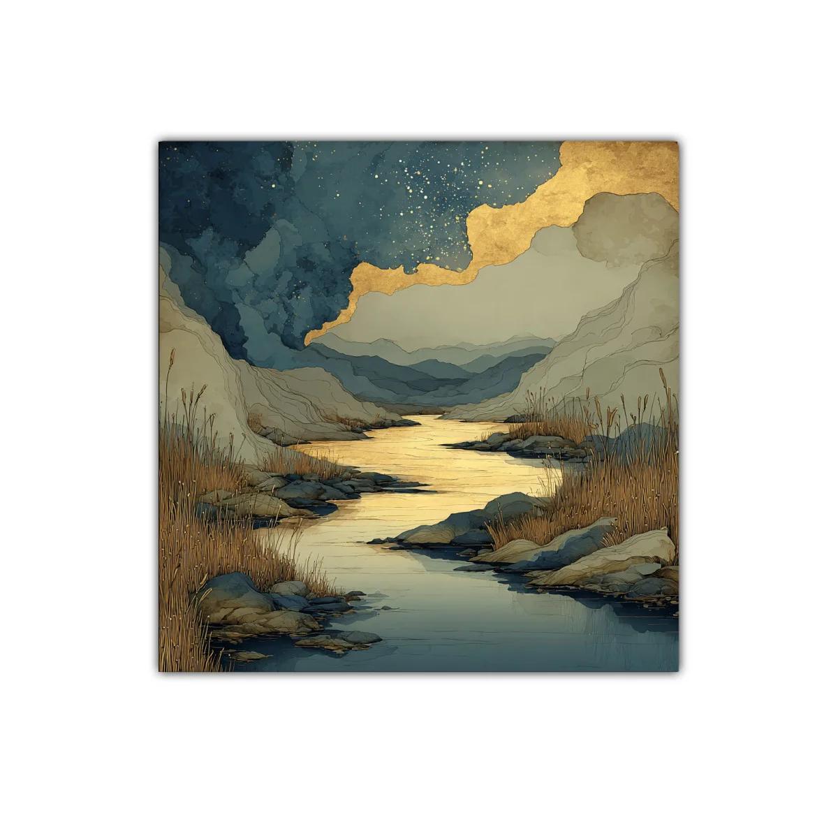 Paisaje sereno con río dorado y montañas azules — miniatura 1