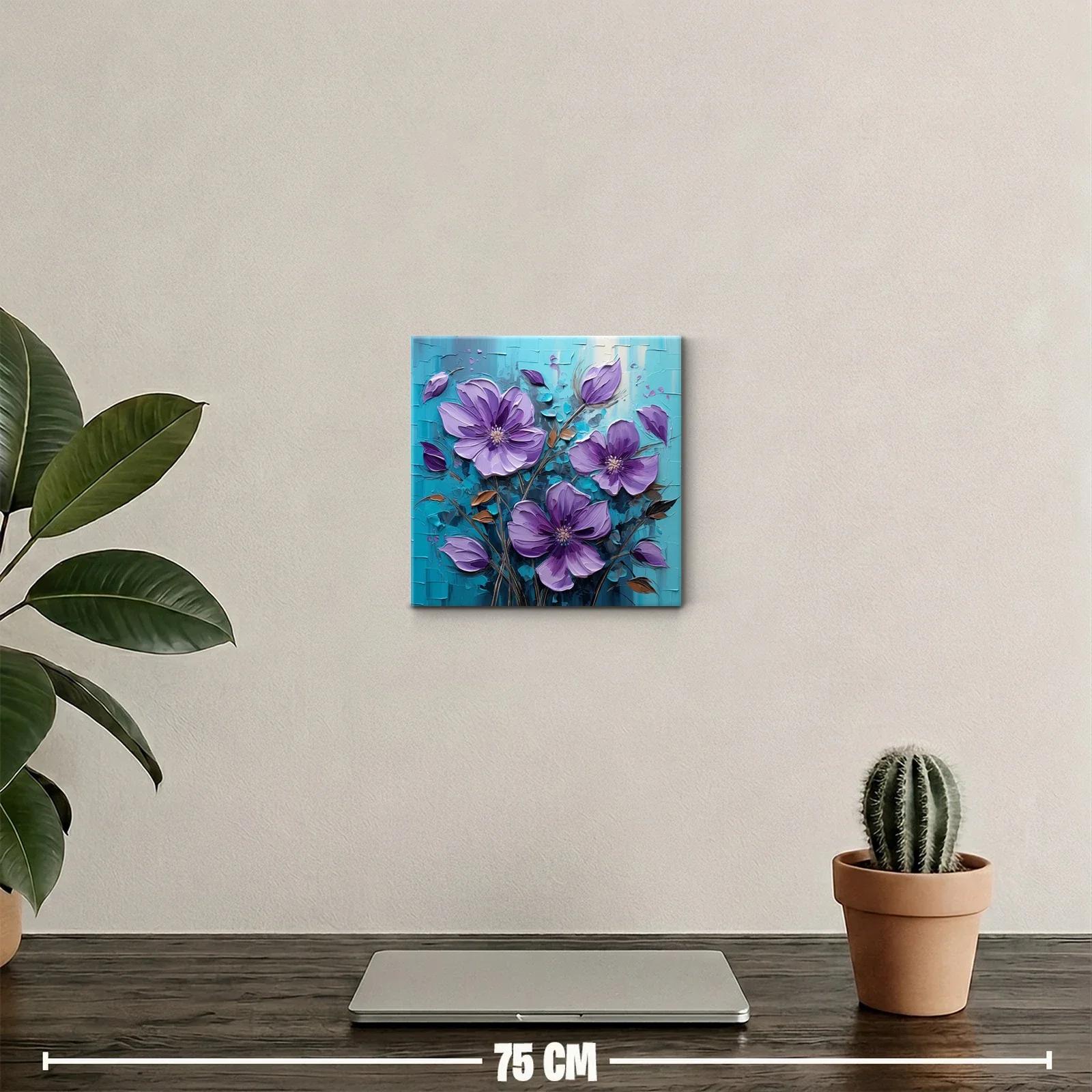 Cuadro floral con flores en tonos violeta y fondo azul — miniatura 2