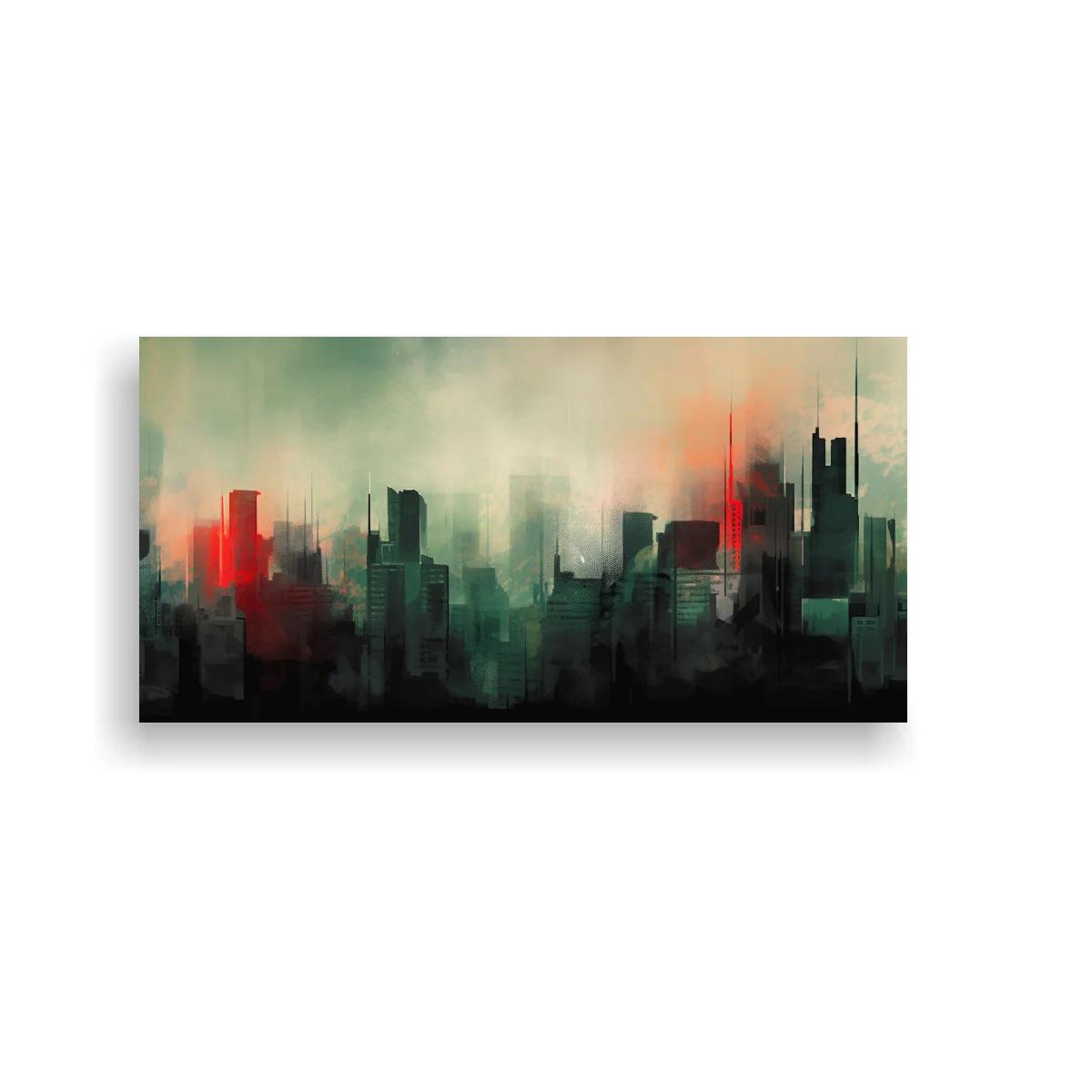Cuadro skyline urbano con bruma y luces rojas — imagen principal