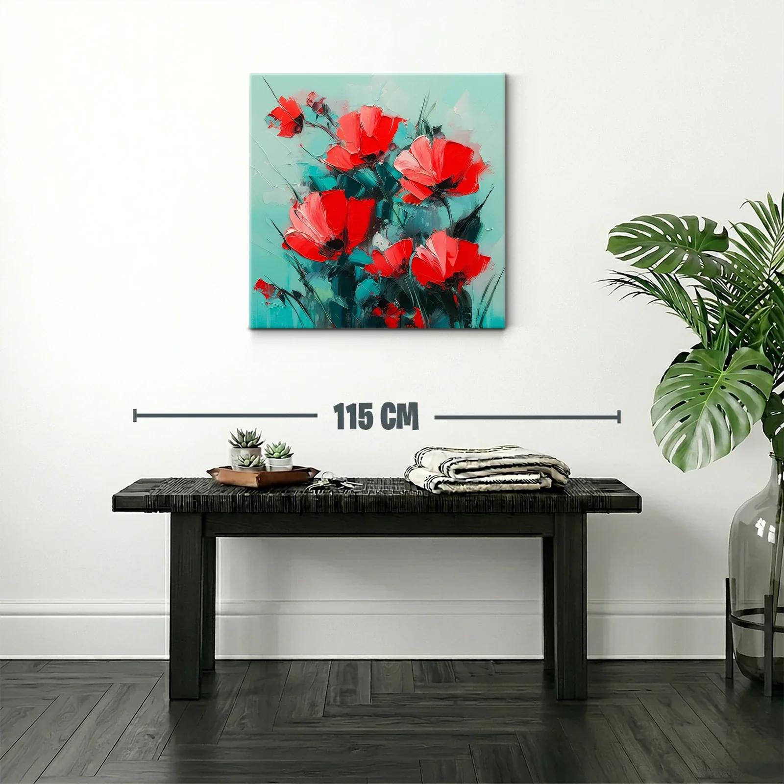 Cuadro floral con vibrantes amapolas rojas sobre fondo turquesa — miniatura 2