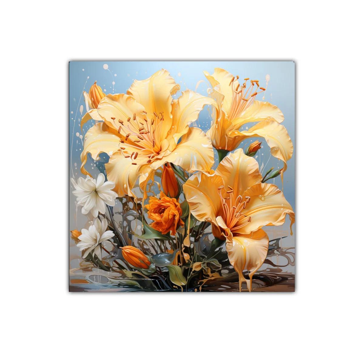 Cuadro decorativo con ramo de flores amarillas y anaranjadas vibrantes