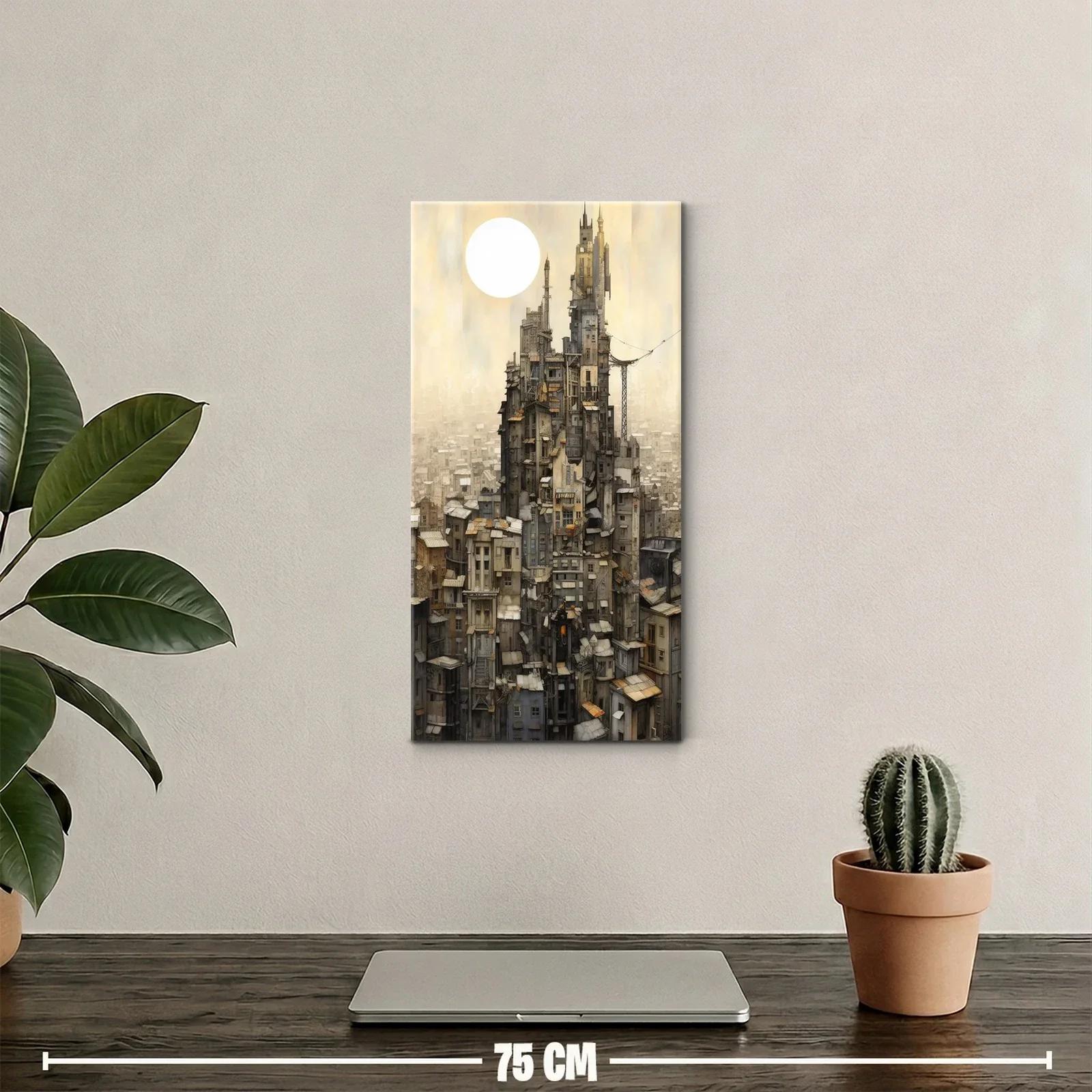 Cuadro torre urbana fantástica con grúa y gran disco blanco — miniatura 2