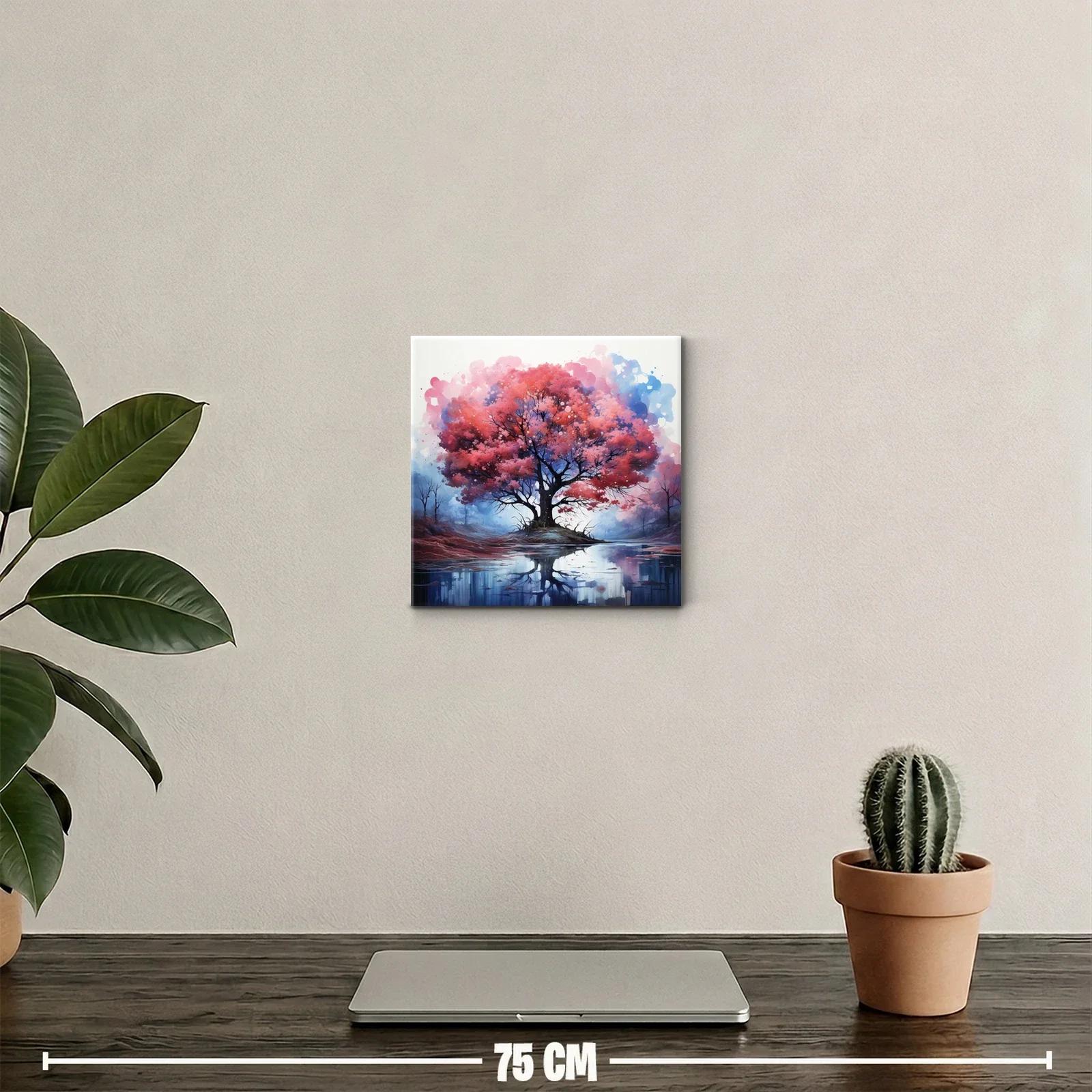 Árbol rojo reflejado en lago sereno con tonos azules — miniatura 2