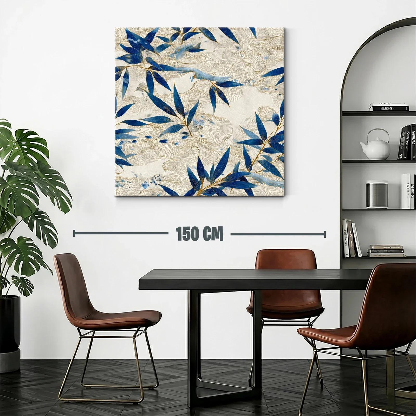 Cuadro con hojas azules y trazos dorados sobre fondo beige — miniatura 2