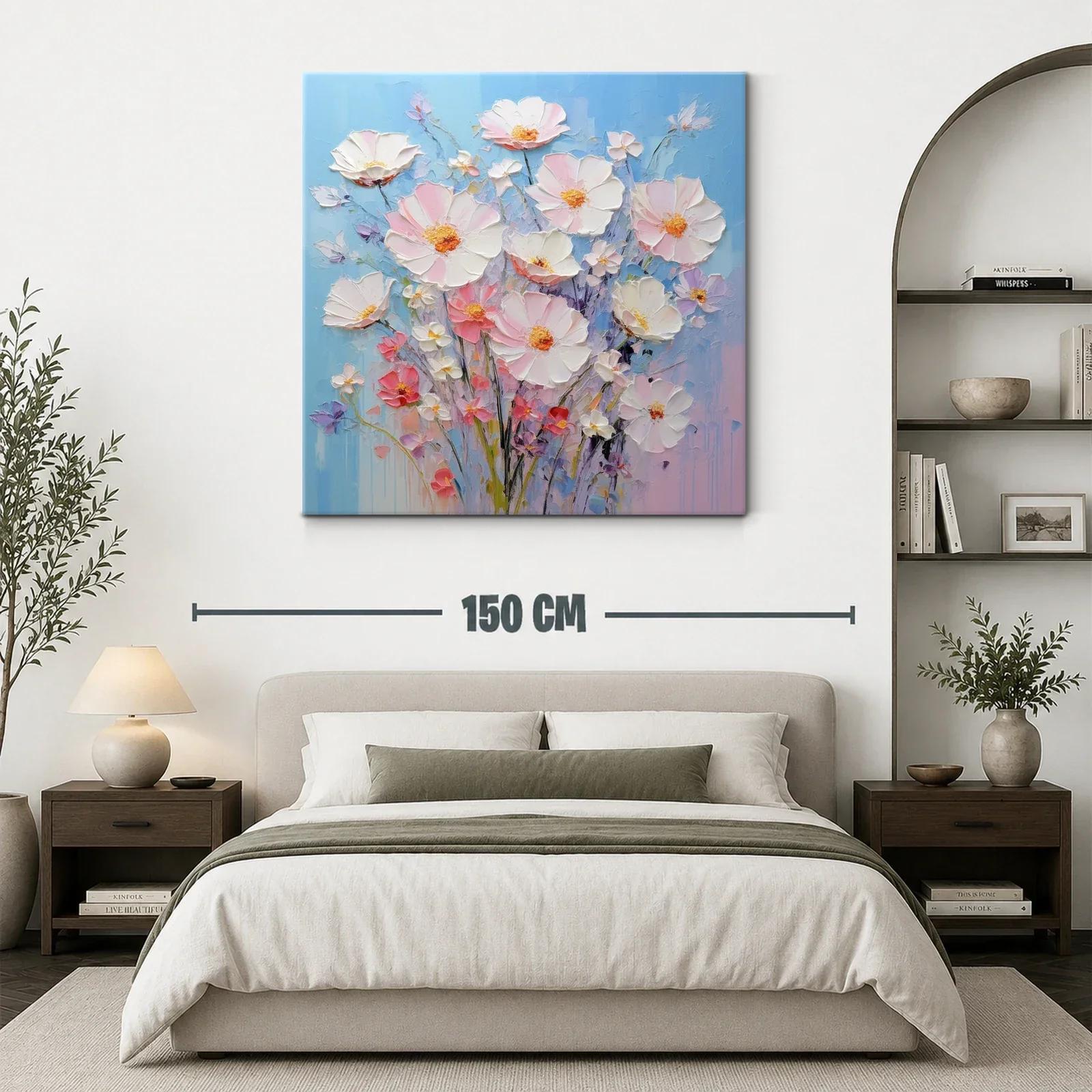 Cuadro ramo de flores delicadas en tonos pastel y fondo azul — miniatura 3