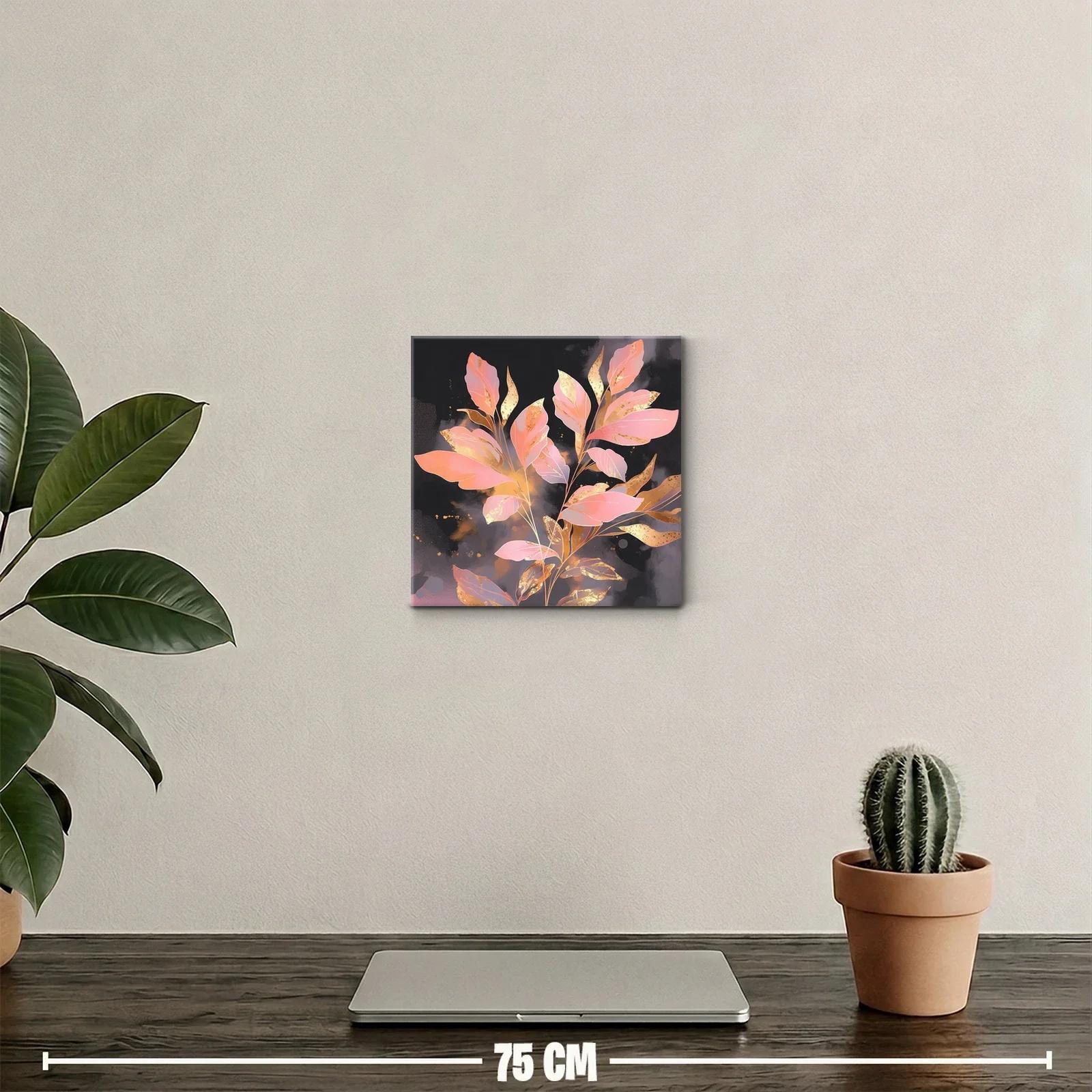 Cuadro decorativo con hojas rosas y doradas sobre fondo oscuro — miniatura 2