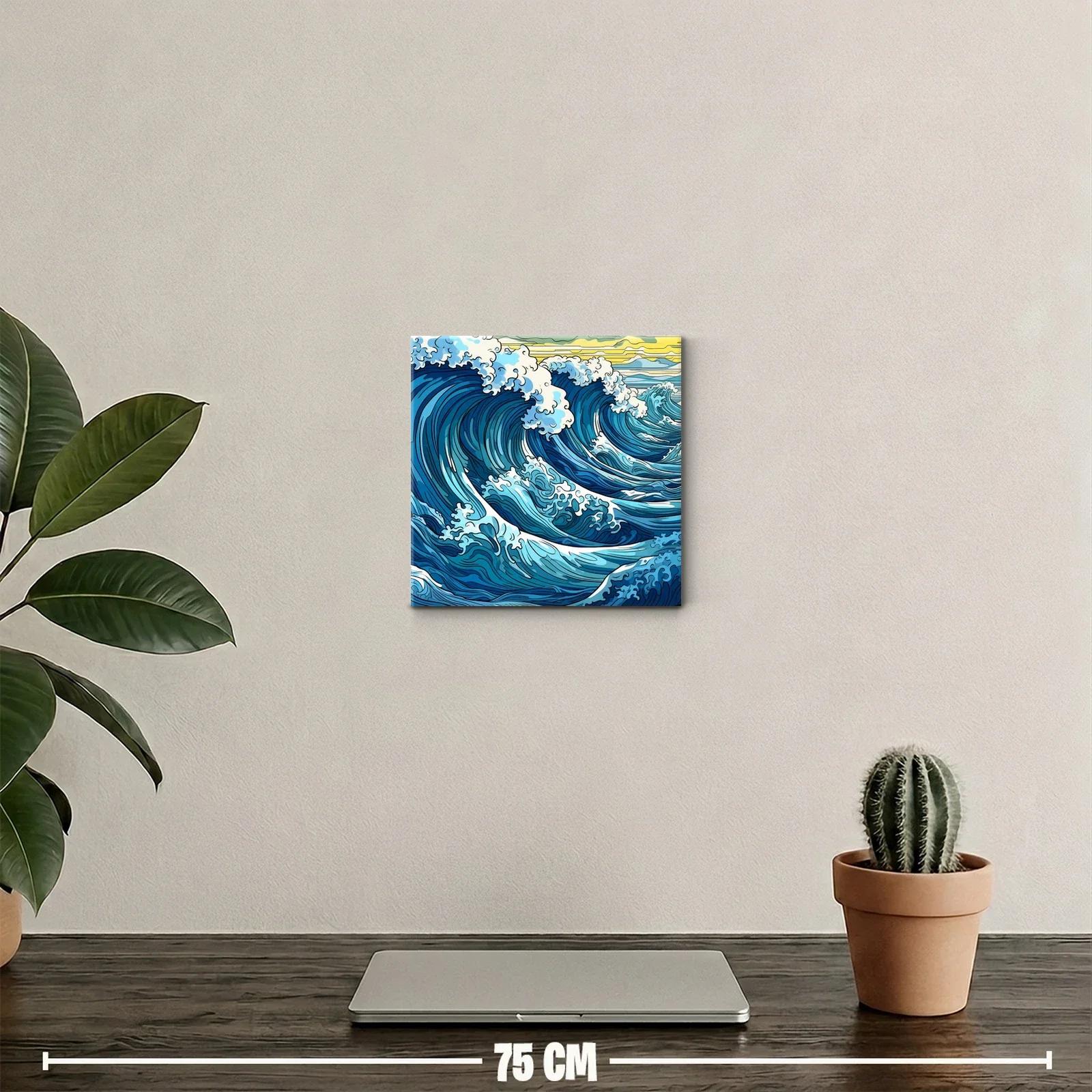 Vibrantes olas azules con espuma blanca y cielo amarillo — miniatura 2