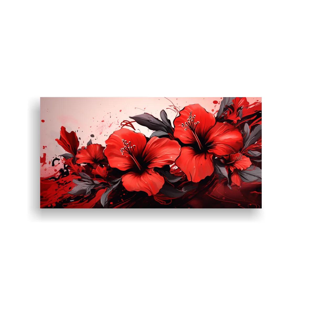 Cuadro hibiscos rojos con salpicaduras y pinceladas expansivas — imagen principal