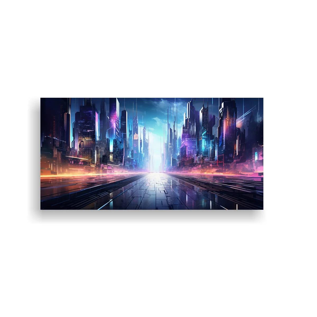 Cuadro ciudad futurista en neón con perspectiva central — imagen principal
