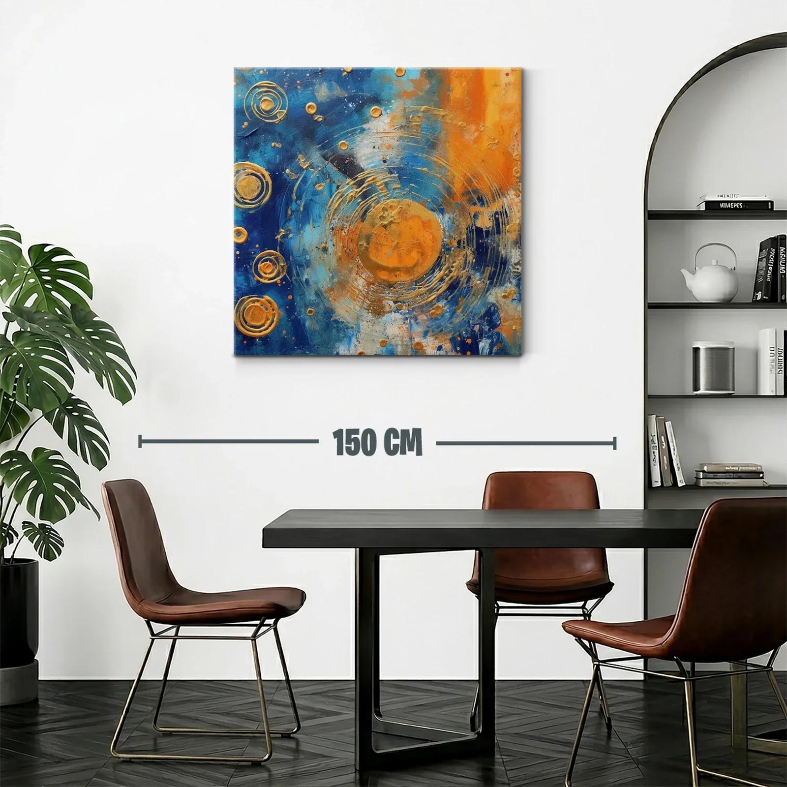 Cuadro abstracto con círculos dorados y contraste azul naranja — miniatura 2
