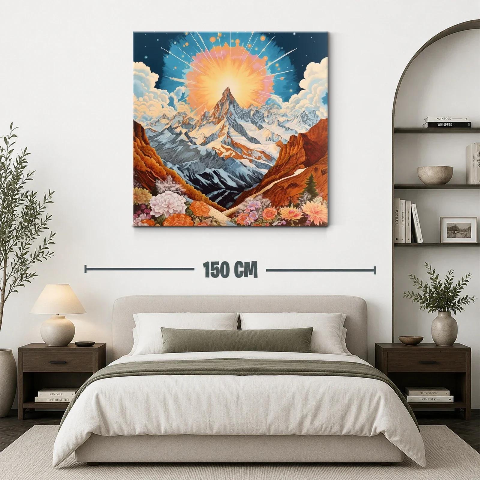 Montaña majestuosa con sol radiante y flores vibrantes — miniatura 3