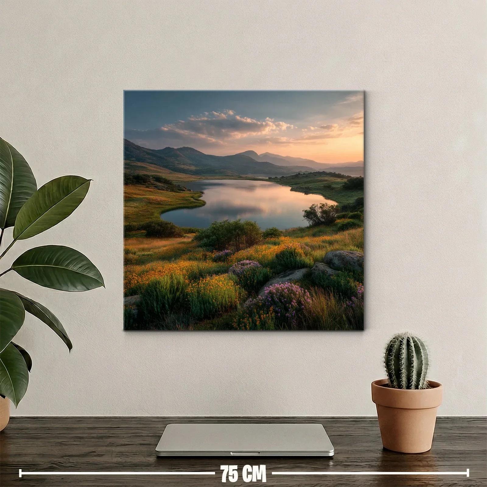 Paisaje sereno con lago y pradera en tonos cálidos — miniatura 2
