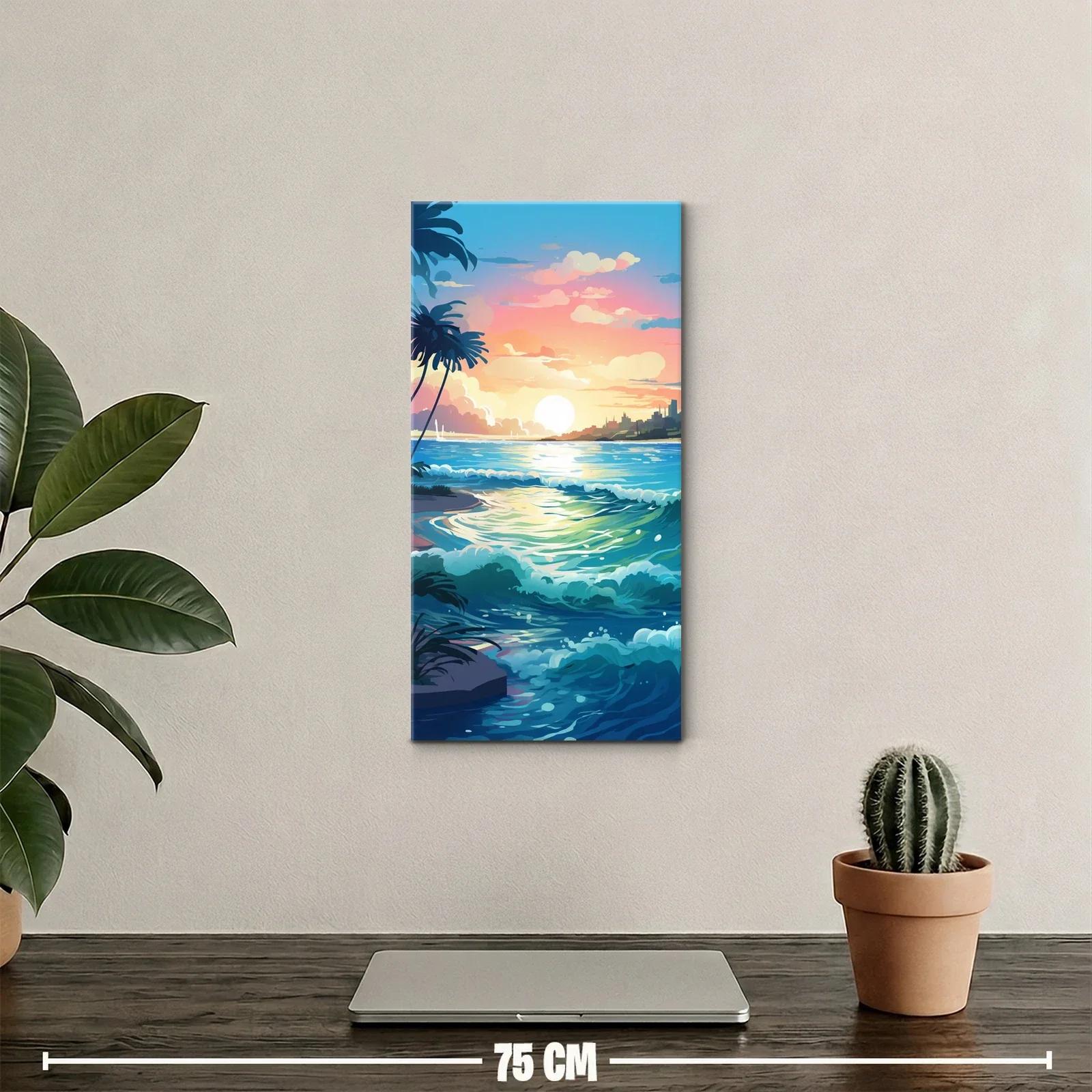 Cuadro playa tropical al atardecer con palmeras en silueta — miniatura 2