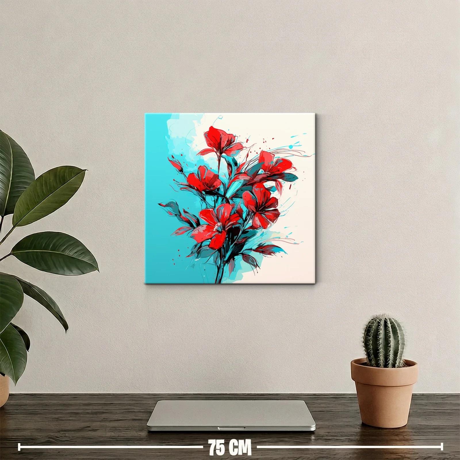 Ramo vibrante de flores rojas sobre fondo azul y beige — miniatura 2