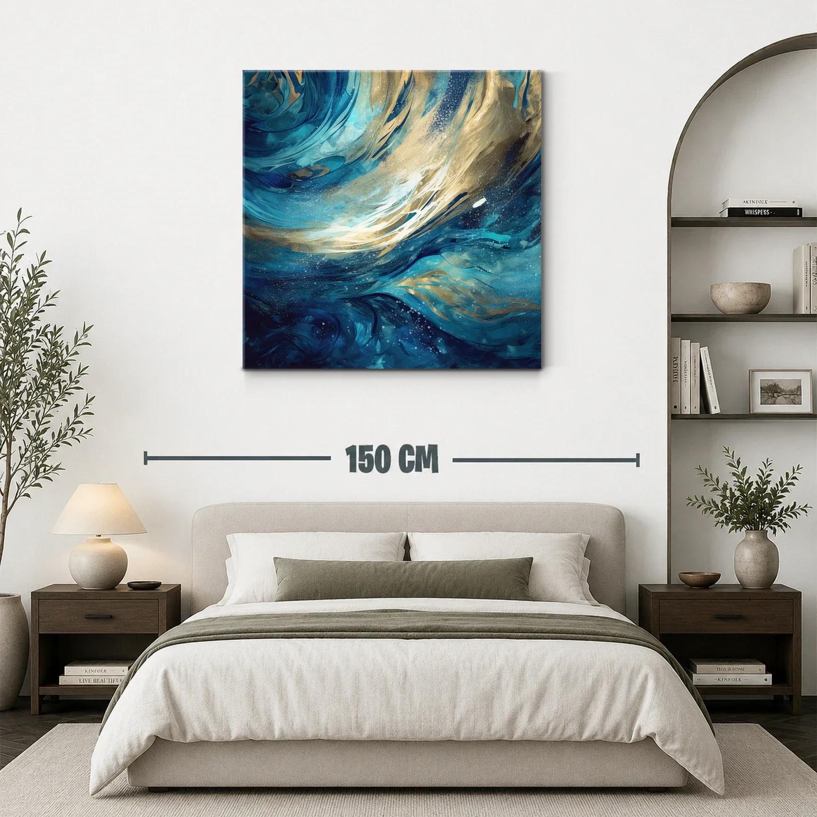 Cuadro abstracto con ondas dinámicas en tonos azul y dorado — miniatura 3