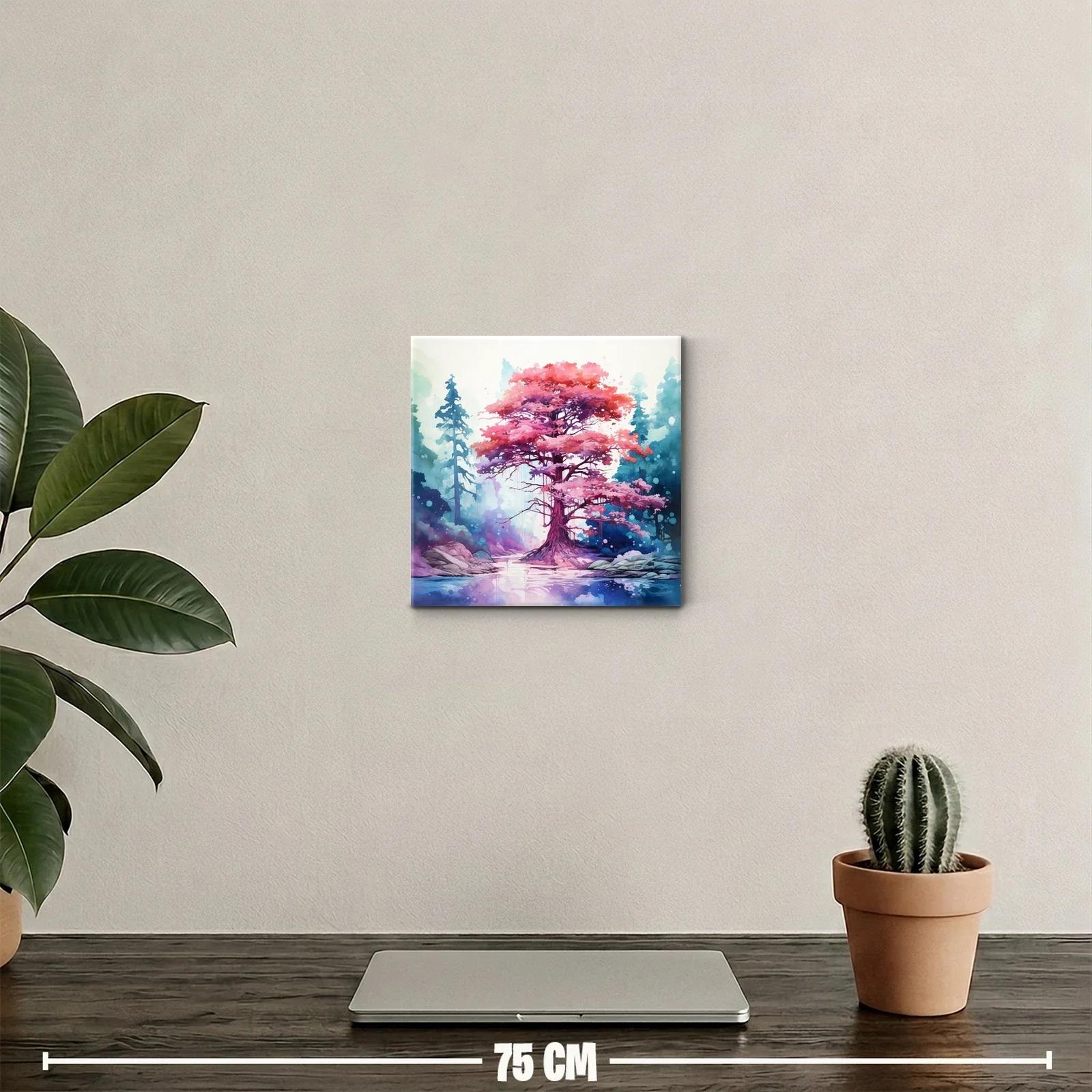 Árbol rosa mágico entre bosque azul y lago tranquilo — miniatura 2