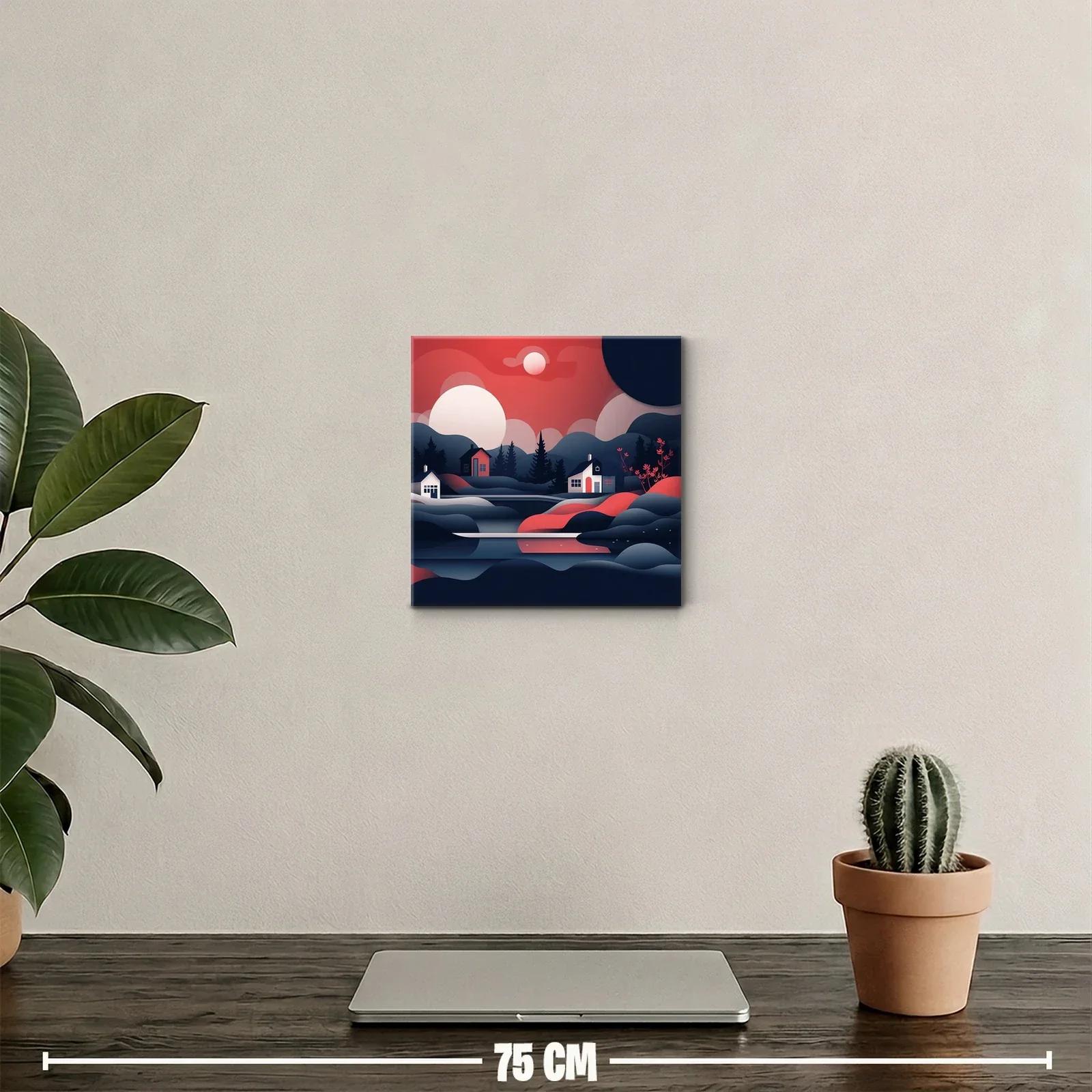 Paisaje nocturno con casas y montañas en tonos rojos y azules — miniatura 2