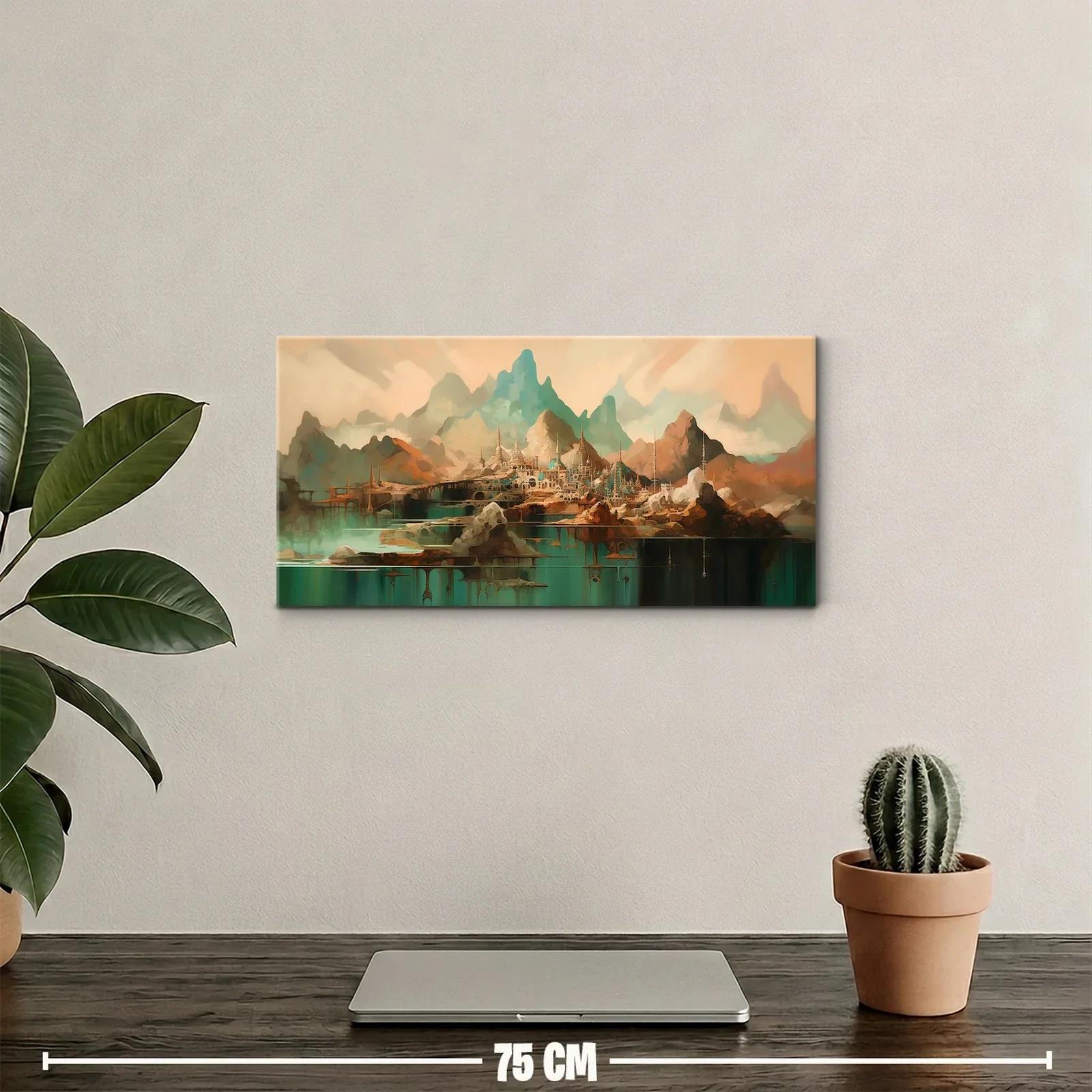 Cuadro paisaje de montañas junto a un lago con poblado fantástico — miniatura 2