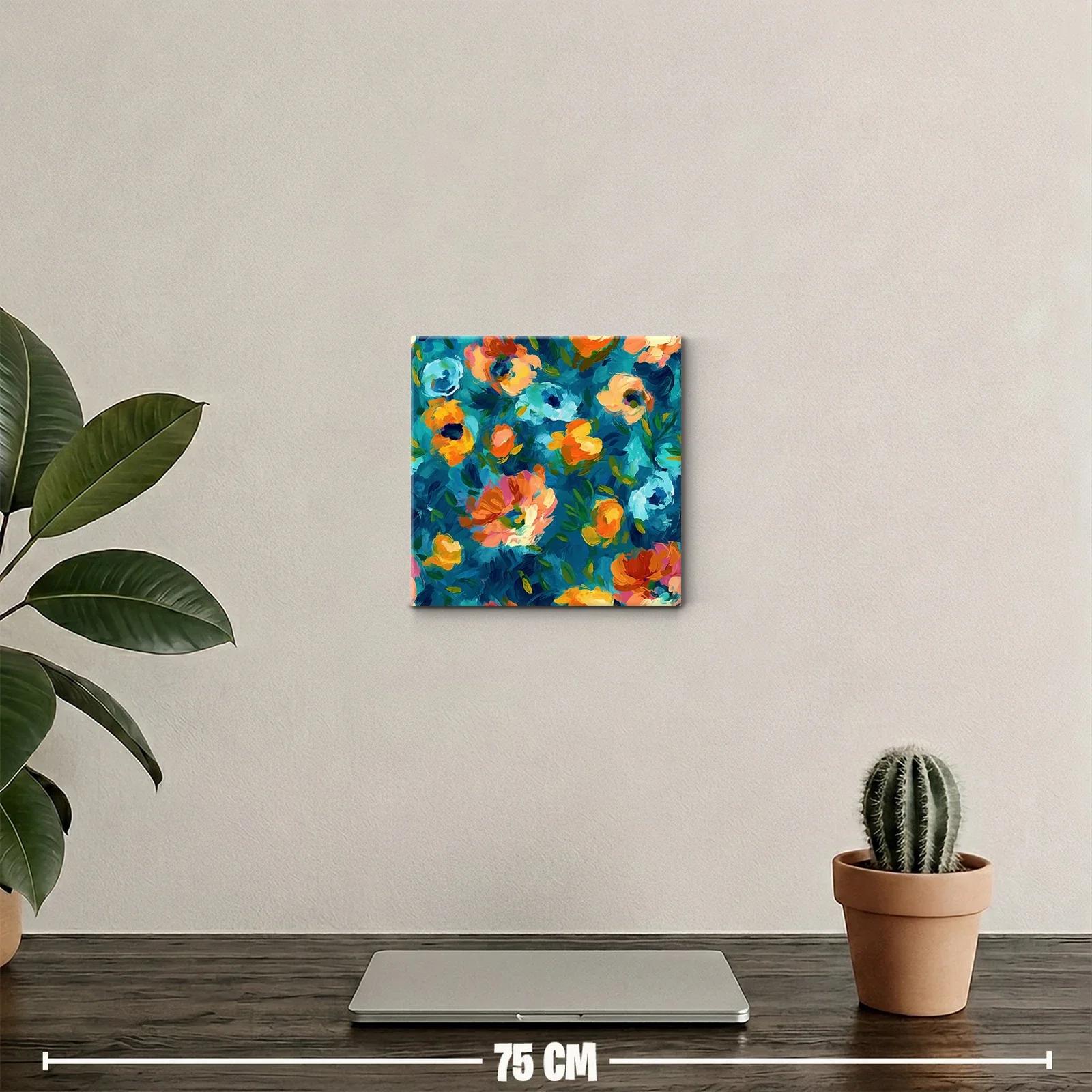 Cuadro floral vibrante con tonos azules y naranjas — miniatura 2