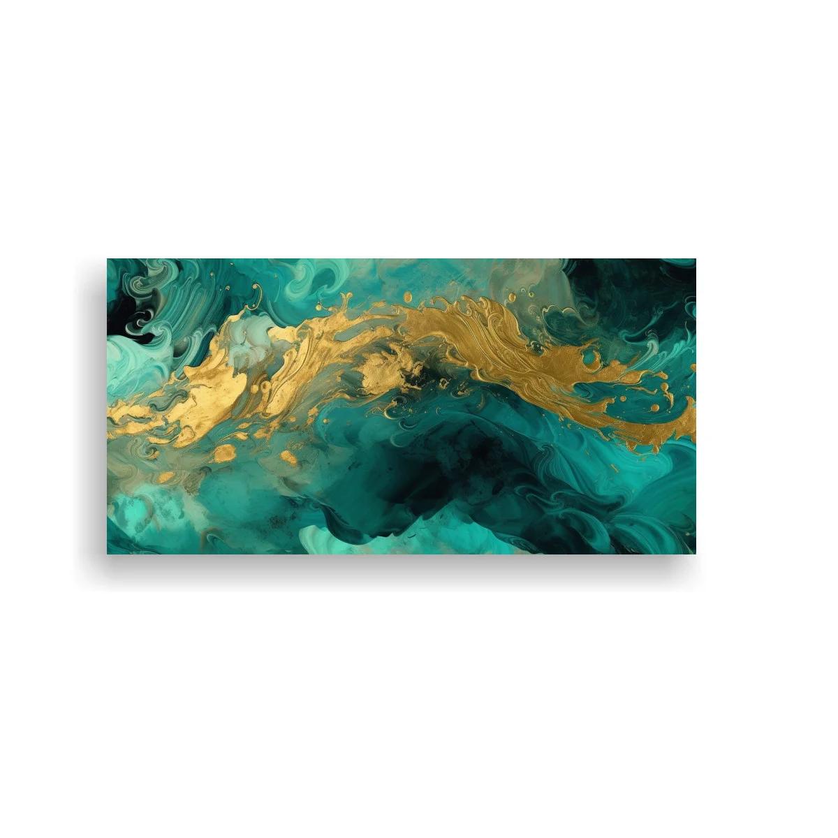 Cuadro remolino abstracto turquesa con franja dorada sinuosa — imagen principal