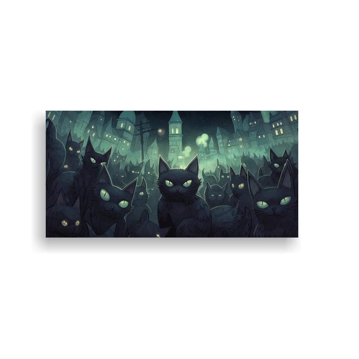 Cuadro gatos negros con ojos brillantes y pueblo nocturno — imagen principal