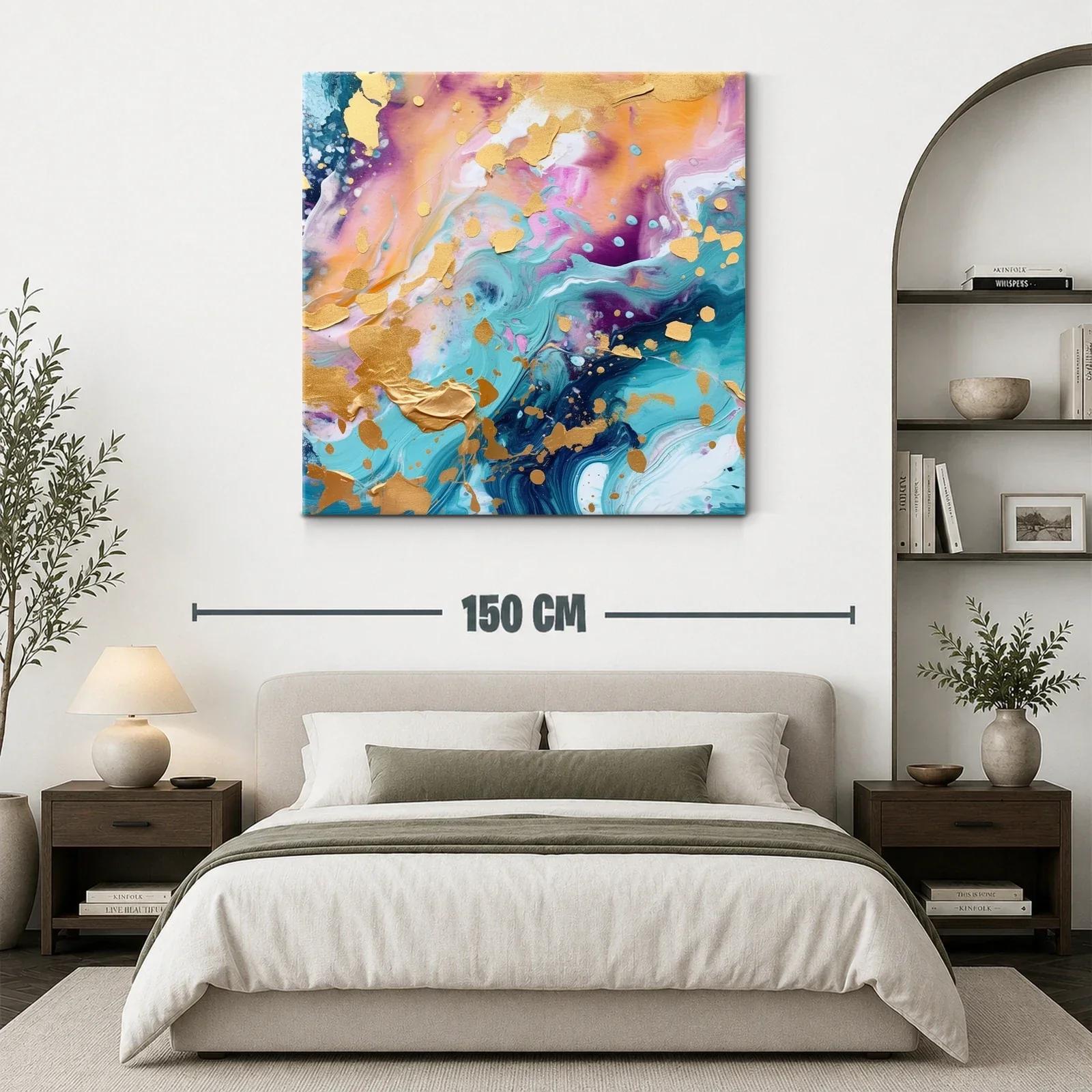 Cuadro abstracto con tonos dorados y vibrantes azules — miniatura 3