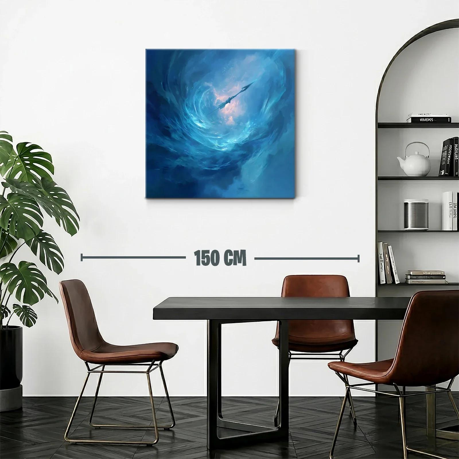 Cuadro abstracto con remolino y lanza en tonos azules — miniatura 2