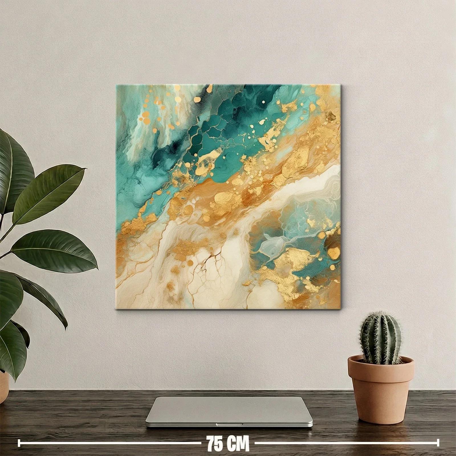 Cuadro abstracto con detalles dorados y tonos turquesa — miniatura 2
