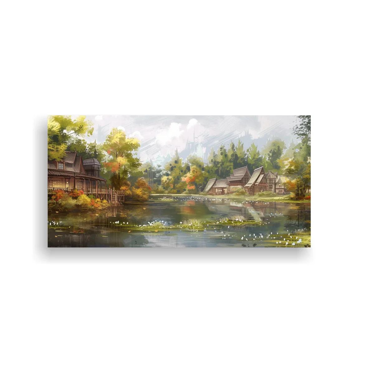 Cuadro aldea junto al lago con puente y árboles dorados — imagen principal