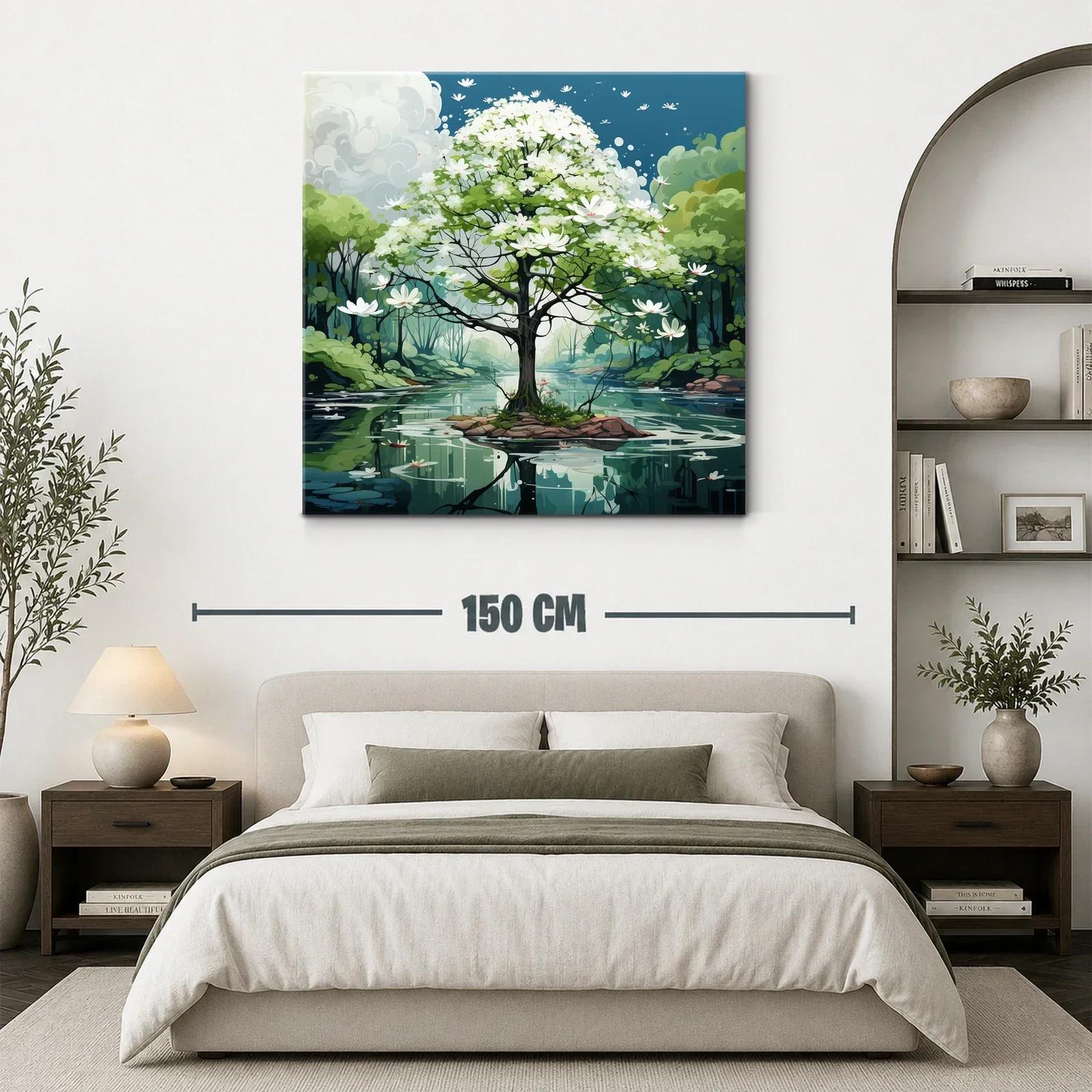 Árbol en flor sobre lago sereno con paisaje natural — miniatura 3