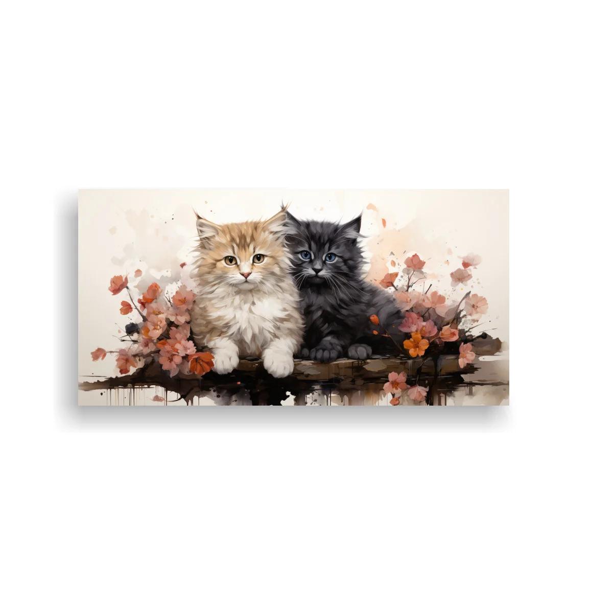 Cuadro dos gatitos peludos con flores y pinceladas sueltas — imagen principal