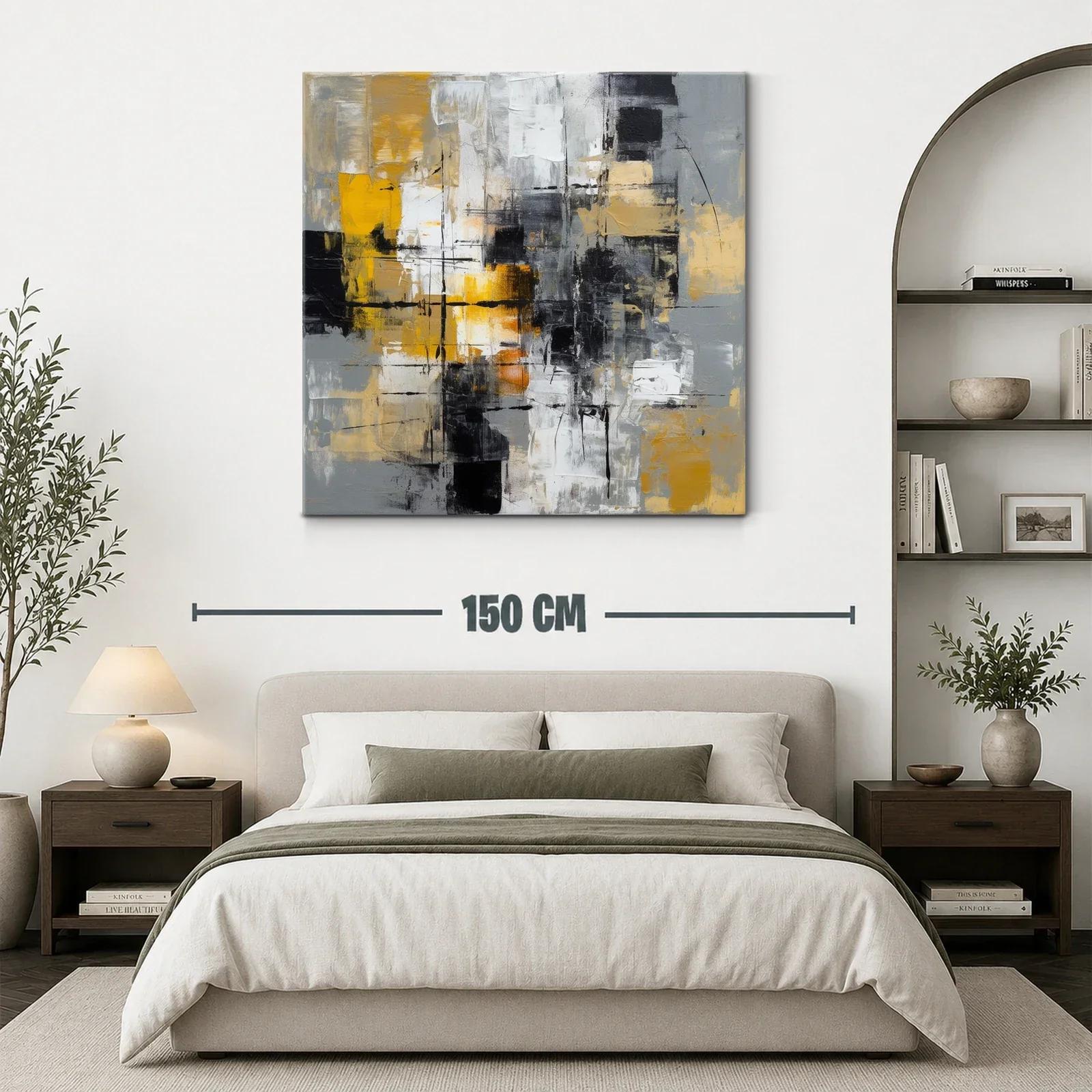 Cuadro abstracto con tonos dorados y acentos en negro y gris — miniatura 3