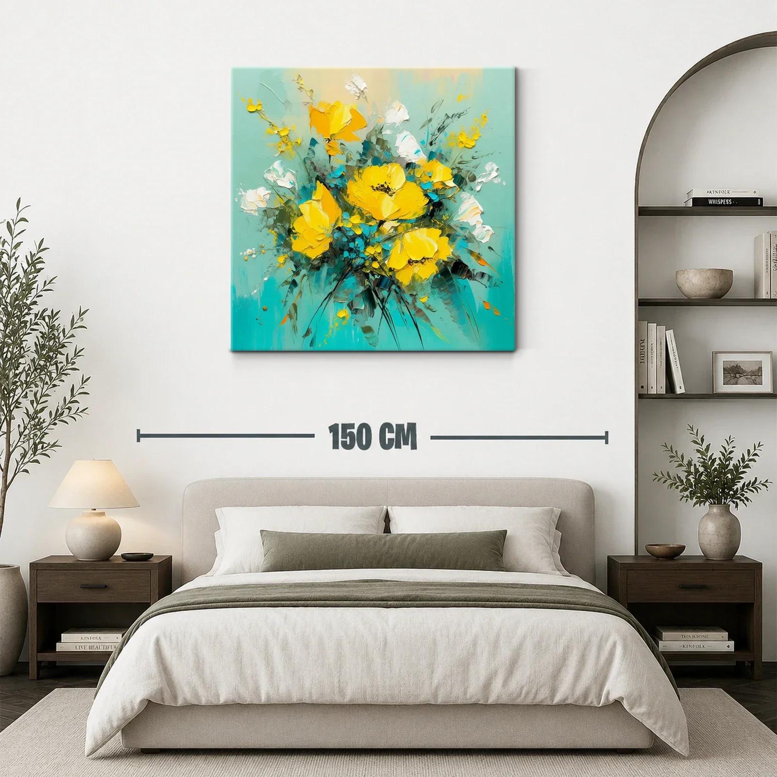 Cuadro moderno con ramo de flores amarillas y fondo turquesa — miniatura 3