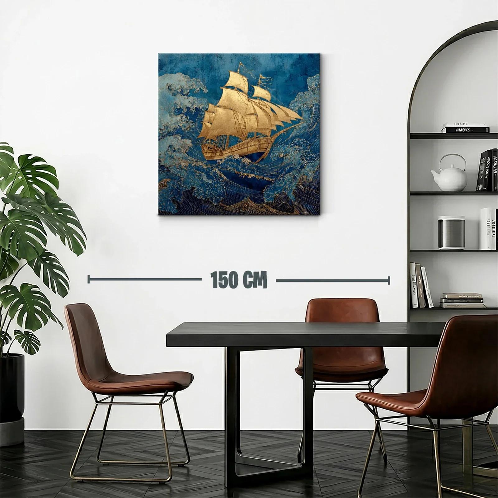 Barco dorado navegando entre olas en tonos azules — miniatura 2