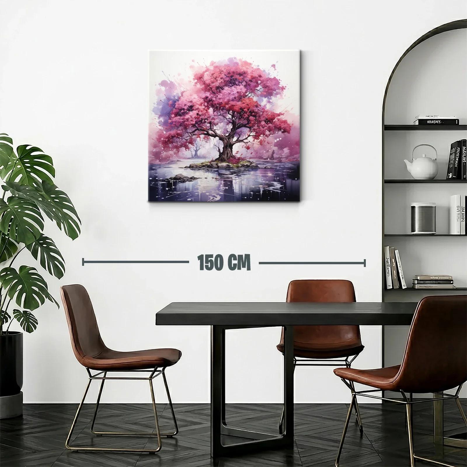 Árbol rosa vibrante sobre isla en lago sereno — miniatura 2