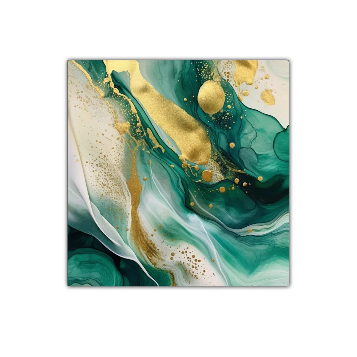 Cuadro Abstracto con Tonos Verdes y Detalles Dorados — miniatura 1