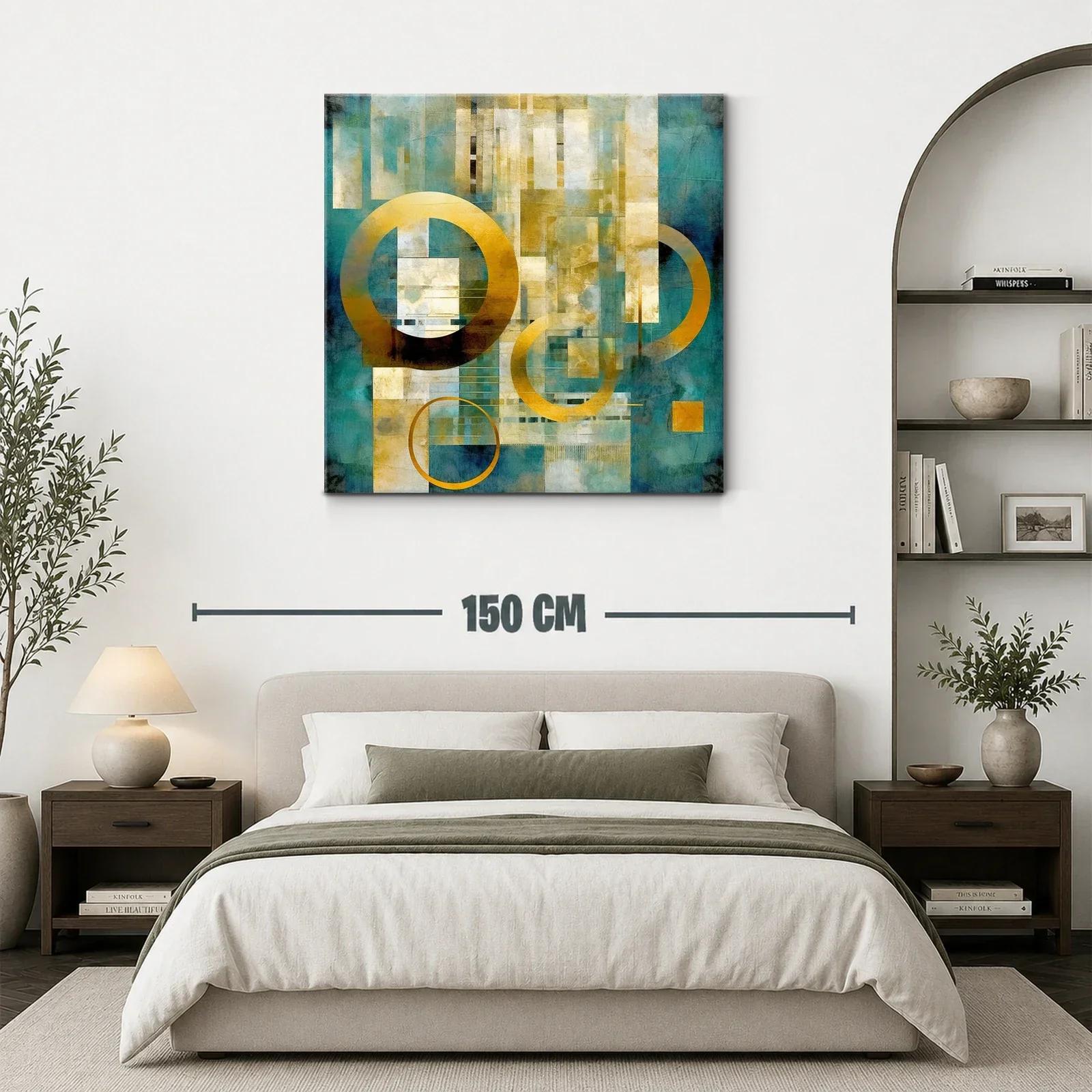 Cuadro abstracto moderno en tonos dorados y turquesa — miniatura 3