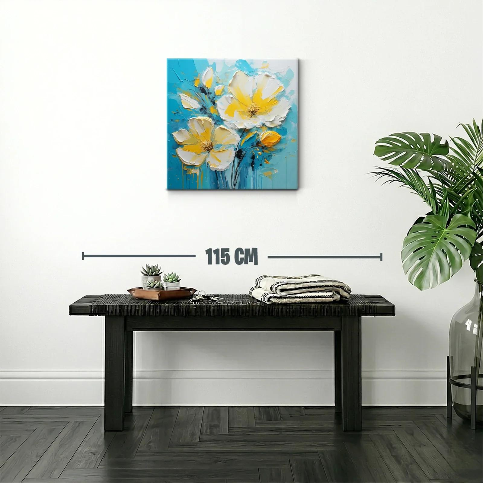 Cuadro floral en tonos amarillos y azul turquesa vibrante — miniatura 2