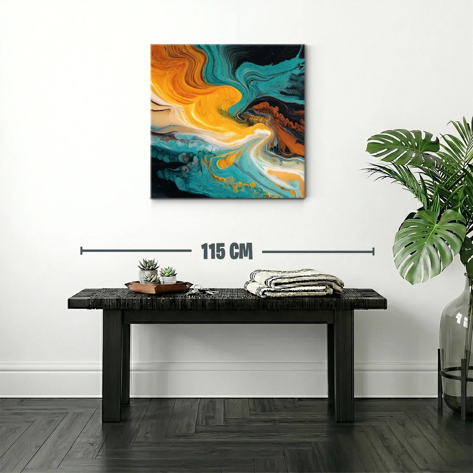 Cuadro abstracto con tonos turquesa y naranja vibrante — miniatura 2