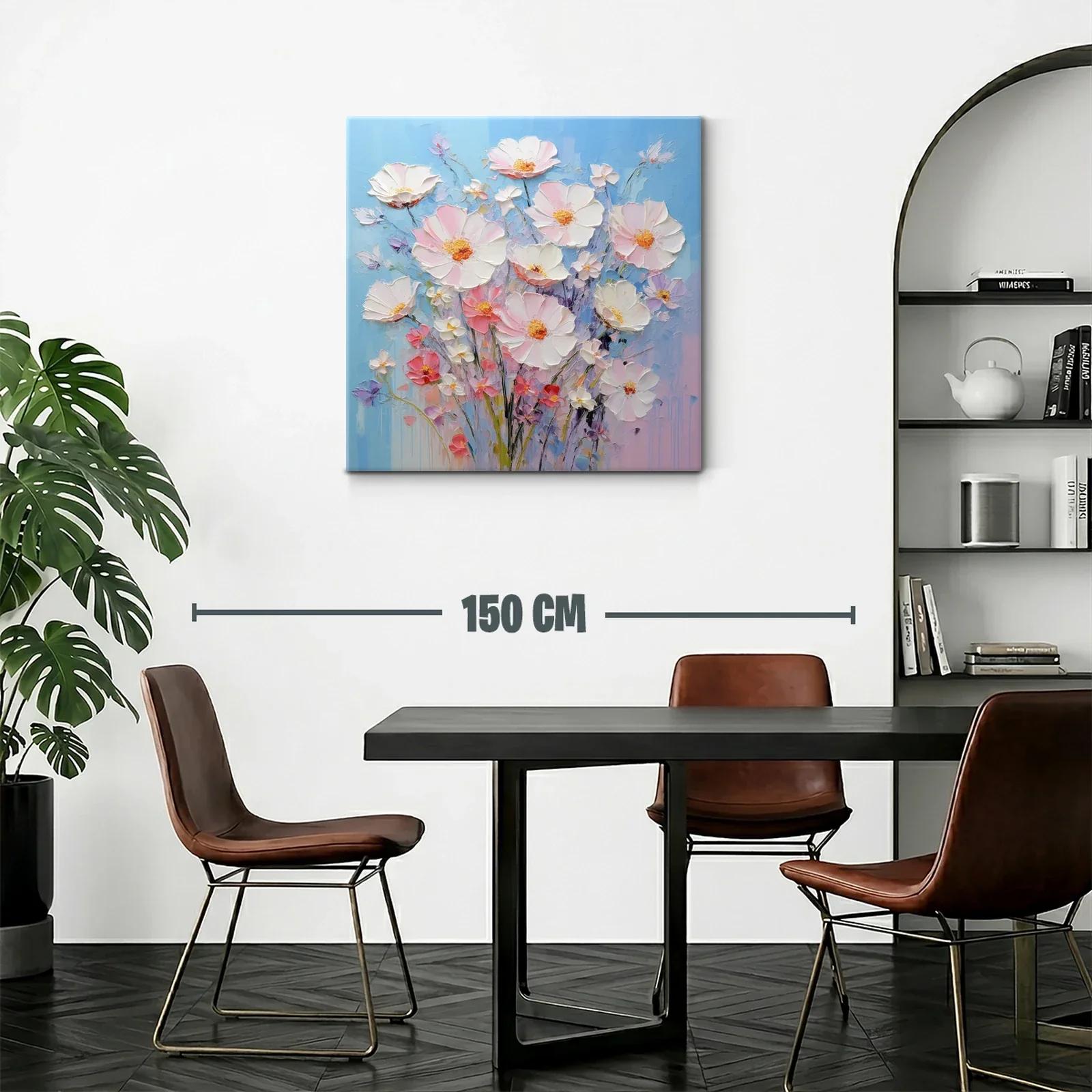 Cuadro ramo de flores delicadas en tonos pastel y fondo azul — miniatura 2