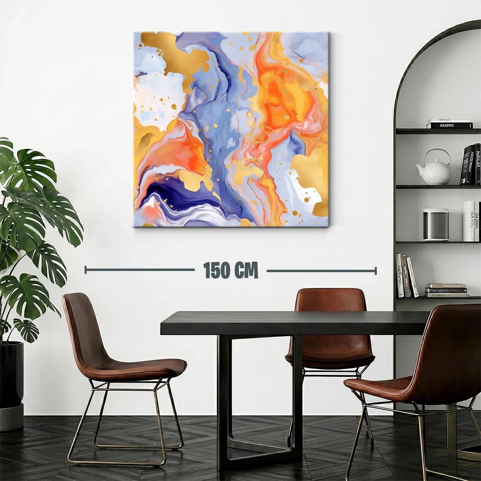 Cuadro abstracto en tonos cálidos y azules con detalles dorados — miniatura 2