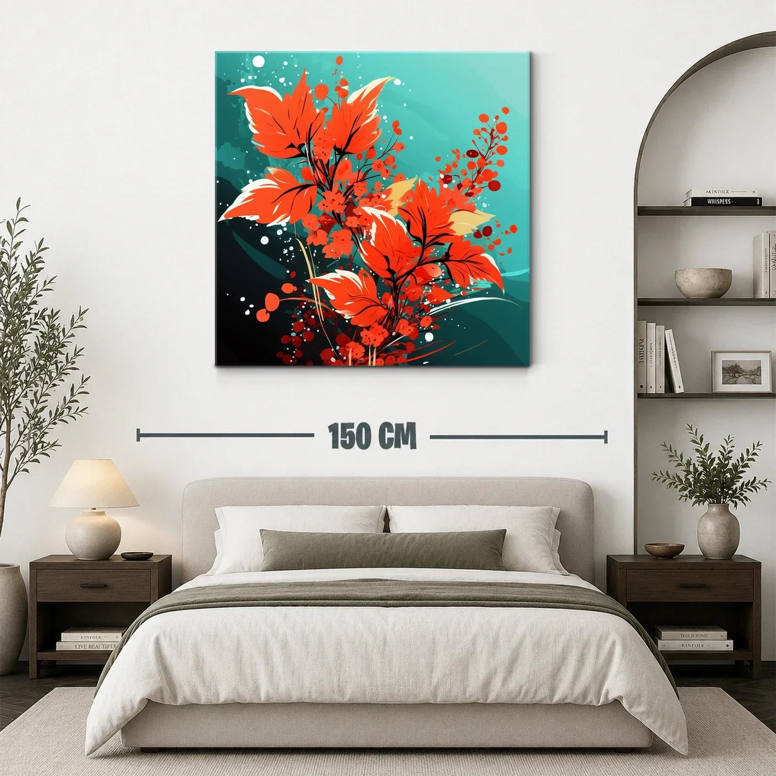 Cuadro moderno con hojas y flores en tonos rojos vibrantes — miniatura 3