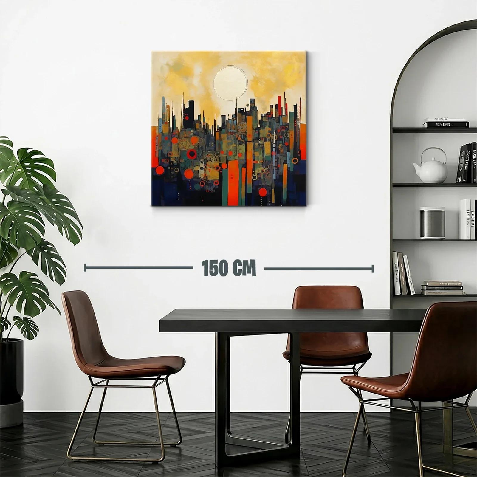Cuadro abstracto paisaje urbano con círculo dorado — miniatura 2