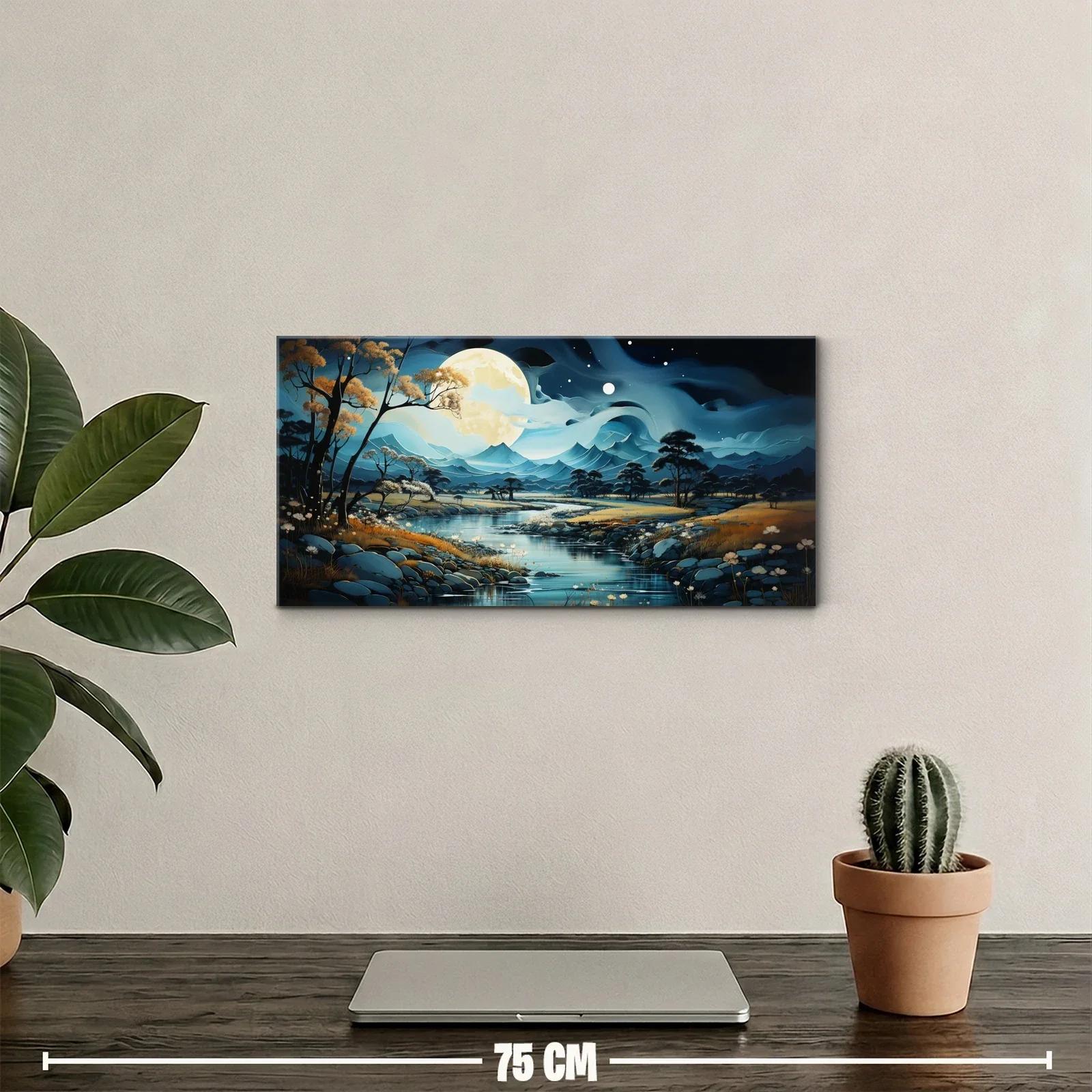 Cuadro paisaje nocturno con luna llena y río sereno — miniatura 2