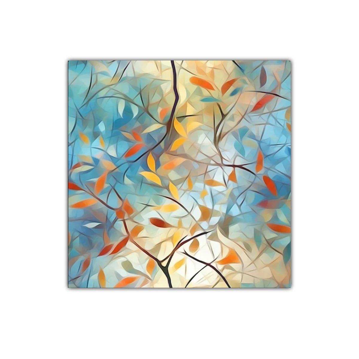 Cuadro abstracto con ramas y hojas en tonos cálidos y azules — miniatura 1
