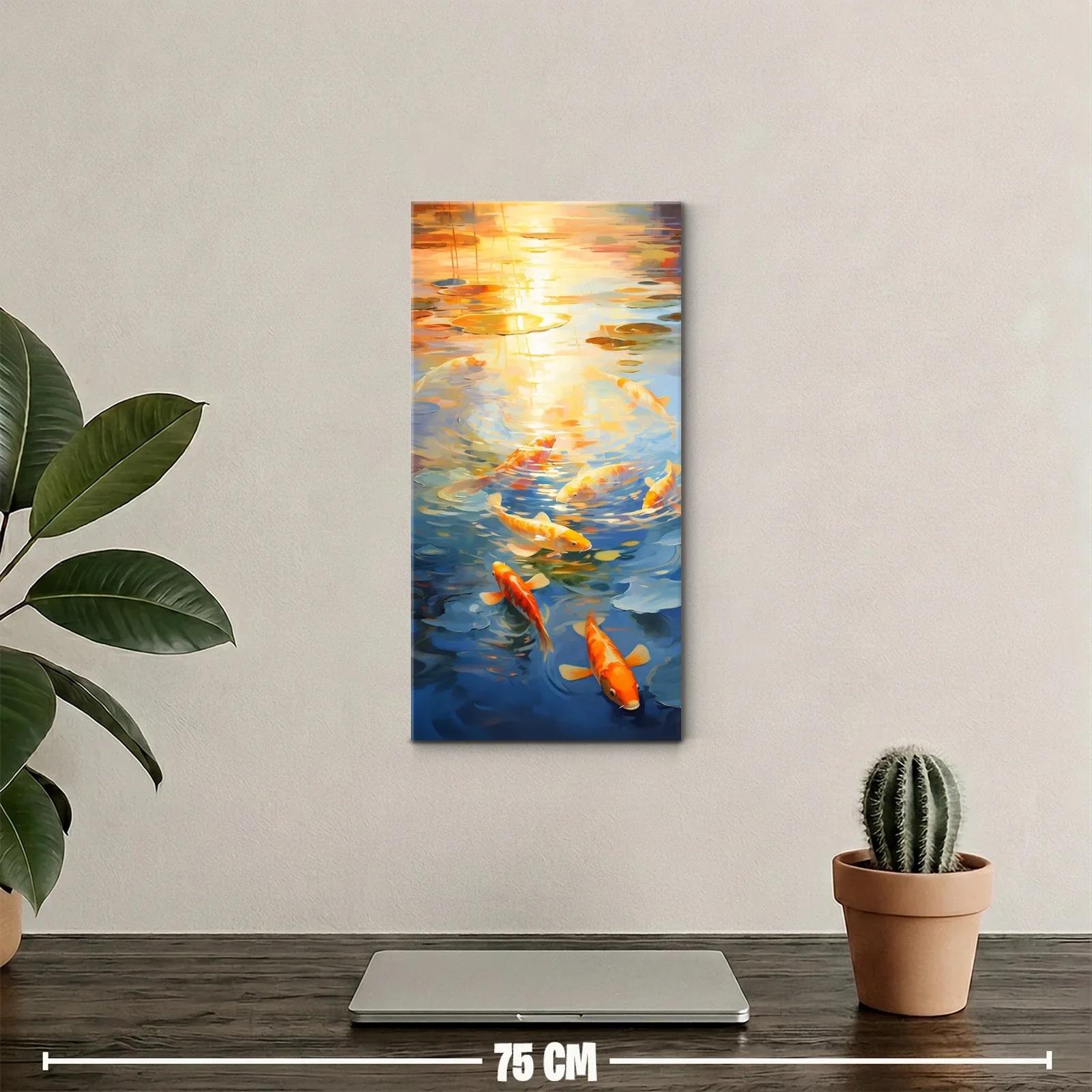 Cuadro peces koi naranjas con brillo dorado y nenúfares — miniatura 2