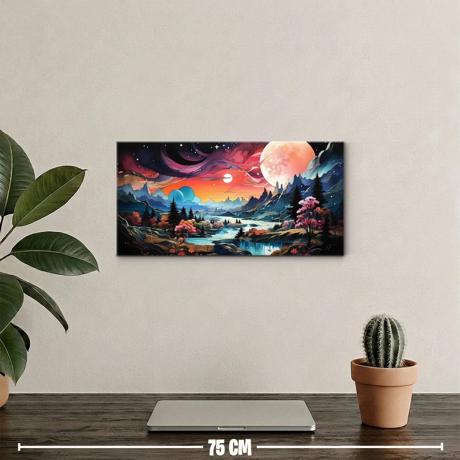 Cuadro paisaje fantástico con luna gigante y montañas escalonadas — miniatura 2