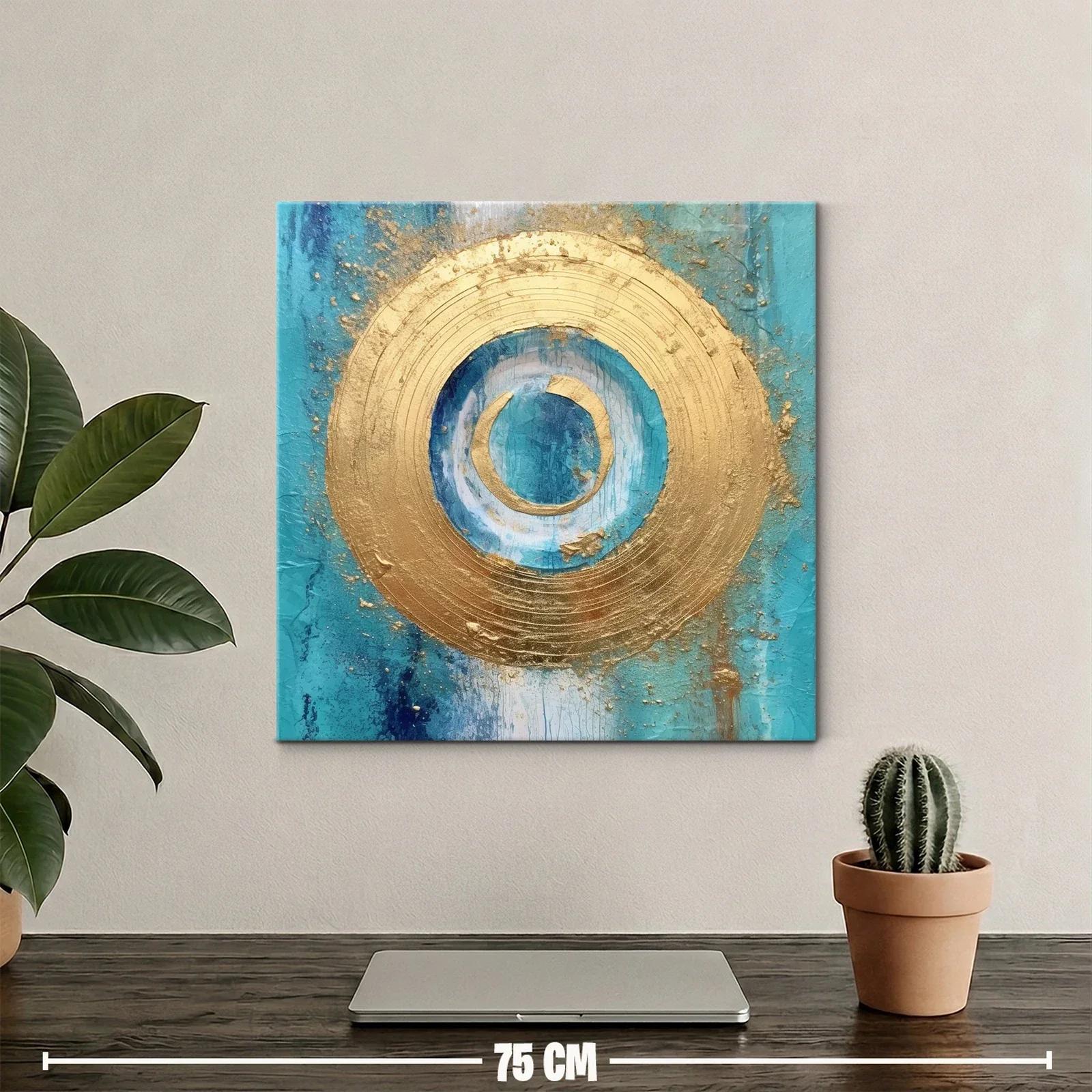 Cuadro abstracto con círculos dorados y fondo turquesa — miniatura 2
