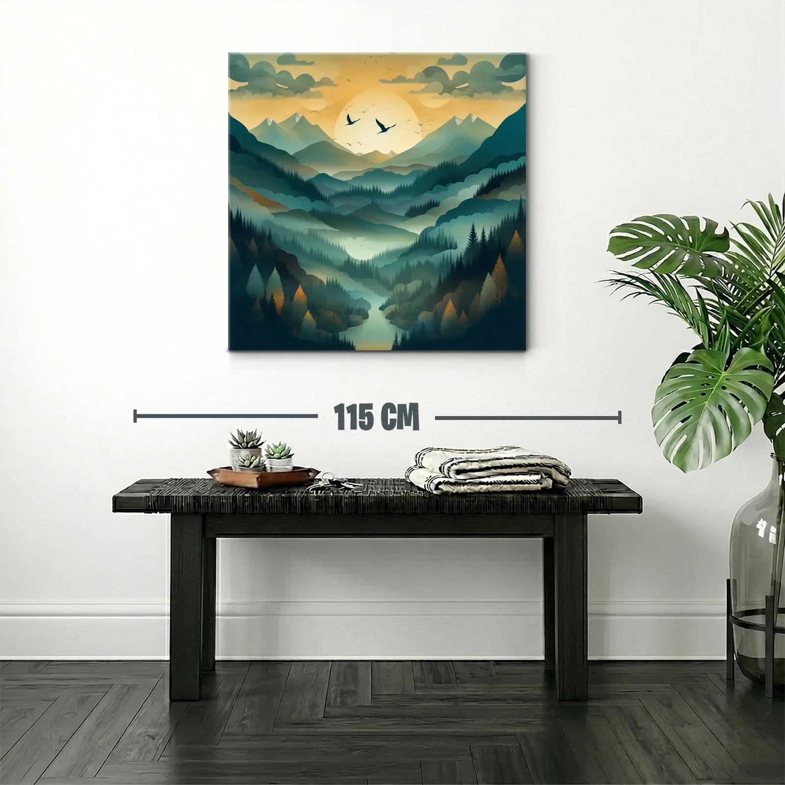Paisaje de montañas con amanecer y vuelo de aves — miniatura 2
