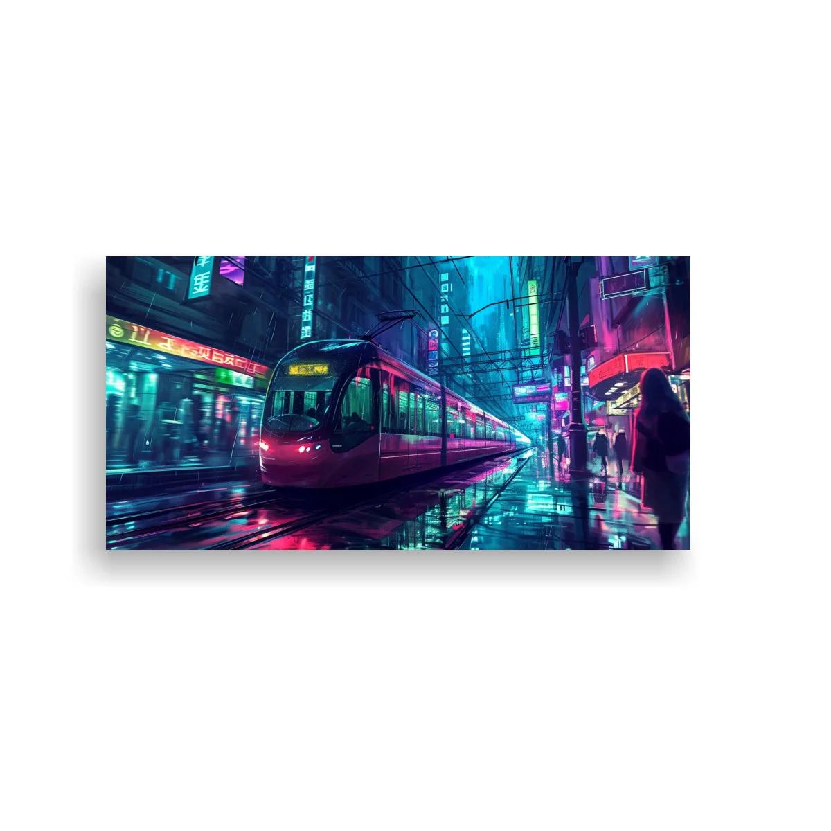 Cuadro tranvía futurista magenta en calle lluviosa — imagen principal